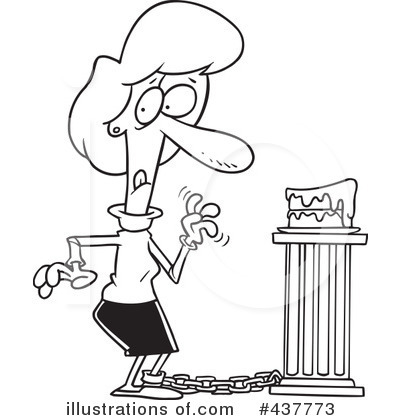 A cartoon woman with exaggerated nose and anxious expression, chained to a pedestal holding a melting cake.