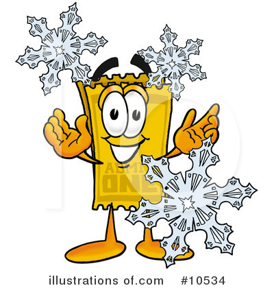 Cheerful yellow ticket mascot holding snowflakes, smiling with raised arms against white background.