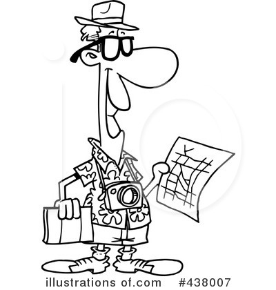 Cartoon tourist with hat, glasses, camera, map, and suitcase, ready for adventure.