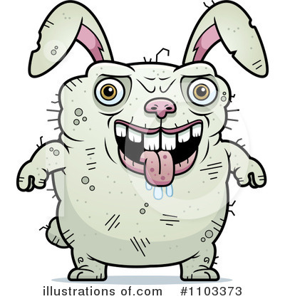 A cartoonish, stitched-together zombie rabbit with bulging eyes, a wide grin, and drooling tongue.