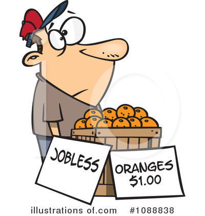 Cartoon man with "Jobless" sign selling oranges for $1.00, wearing a red cap and looking hopeful.