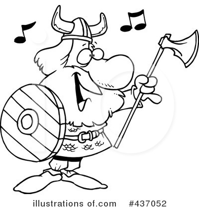 Cartoon Viking warrior singing joyfully while holding an axe and shield, with musical notes floating around.