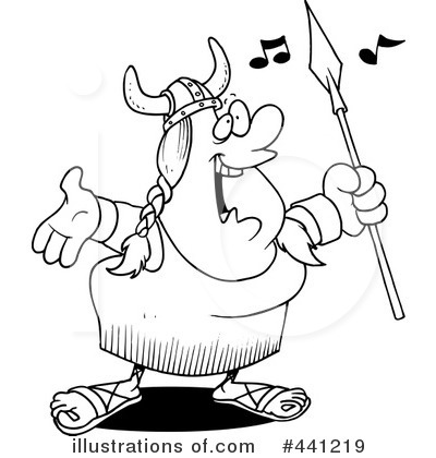 Cheerful cartoon Viking with horned helmet, spear, and musical notes, singing joyfully.