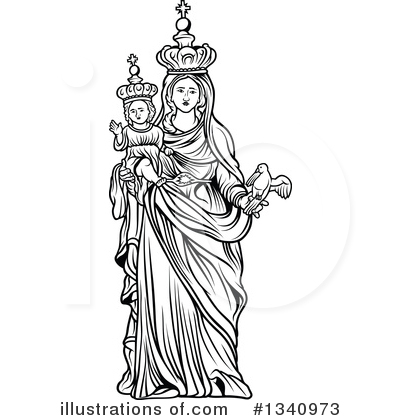 Black-and-white line drawing of the Virgin Mary crowned, holding the Christ Child and a dove, symbolizing the Immaculate Conception or Queen of Heaven.