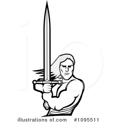 Muscular warrior with long hair gripping a large sword upright, black-and-white vector illustration.