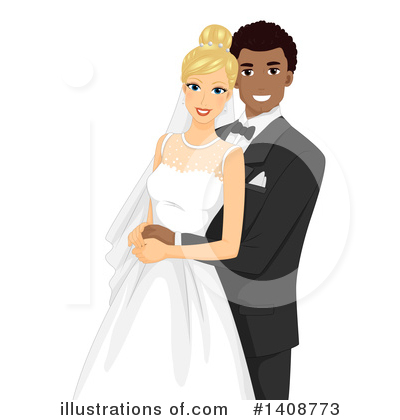 A smiling interracial wedding couple: bride in white gown and veil, groom in black tuxedo with bowtie, embracing warmly.