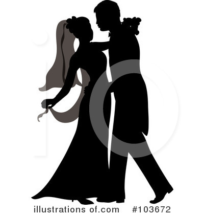 Silhouette of a bride and groom dancing gracefully in formal wedding attire.