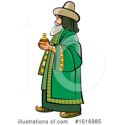 Cartoon wise man in green robe and hat holding a golden bottle, likely representing a biblical Magi or alchemist.