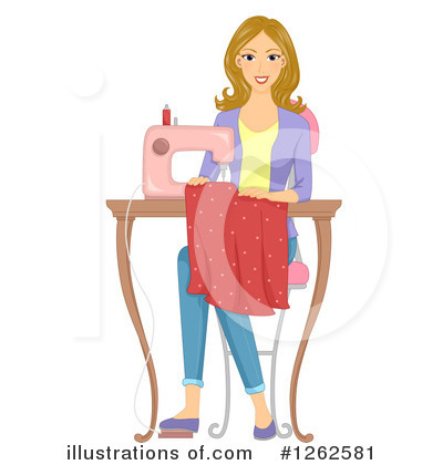 A smiling woman with blonde hair sits at a wooden table using a pink sewing machine to stitch red polka-dot fabric.