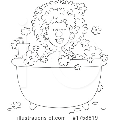 A cheerful woman with curly hair relaxes in a floral bathtub, sipping from a cup with a straw, surrounded by floating flowers.