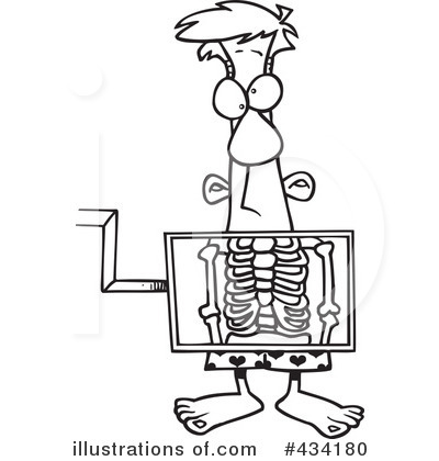 Cartoon man with wide eyes looking at his own skeleton displayed in a box.