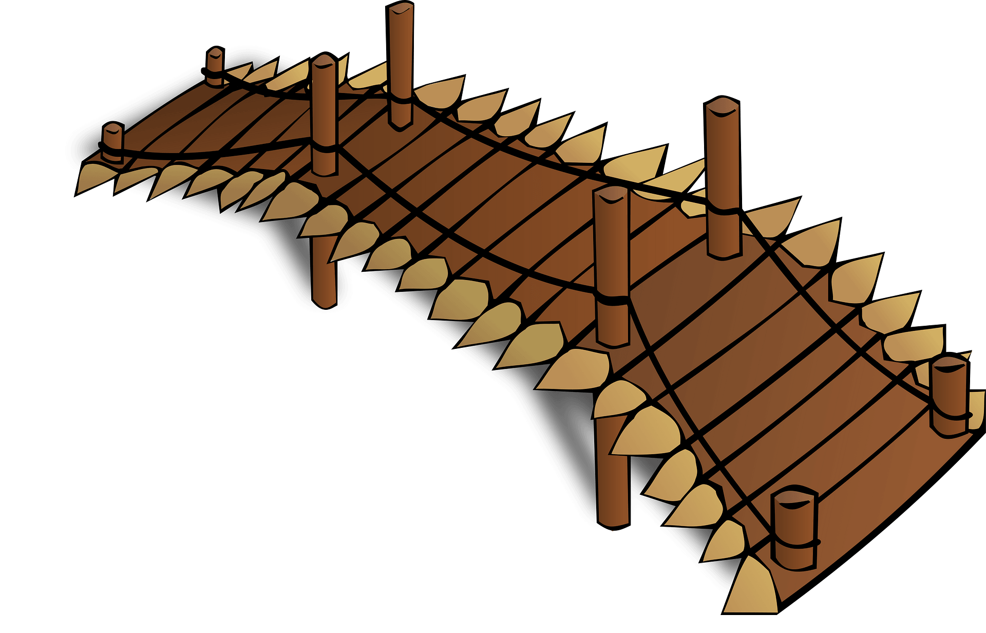 Illustrated wooden suspension bridge with rope supports and spiked railings over a chasm.