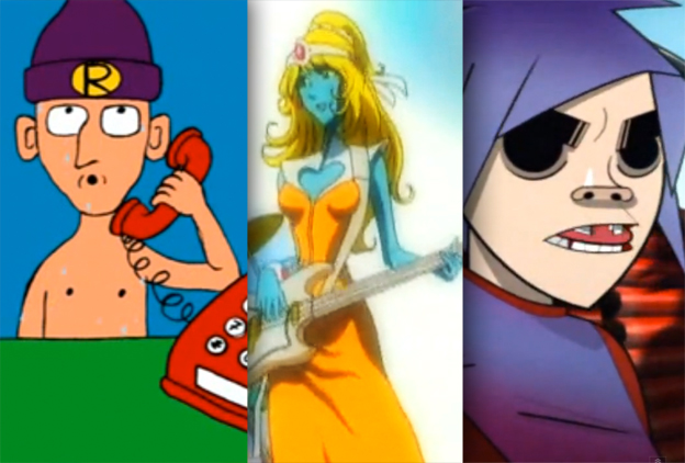 Three animated characters: a shirtless boy with a beanie on the phone, a blue-skinned guitarist, and a purple-haired figure with sunglasses.