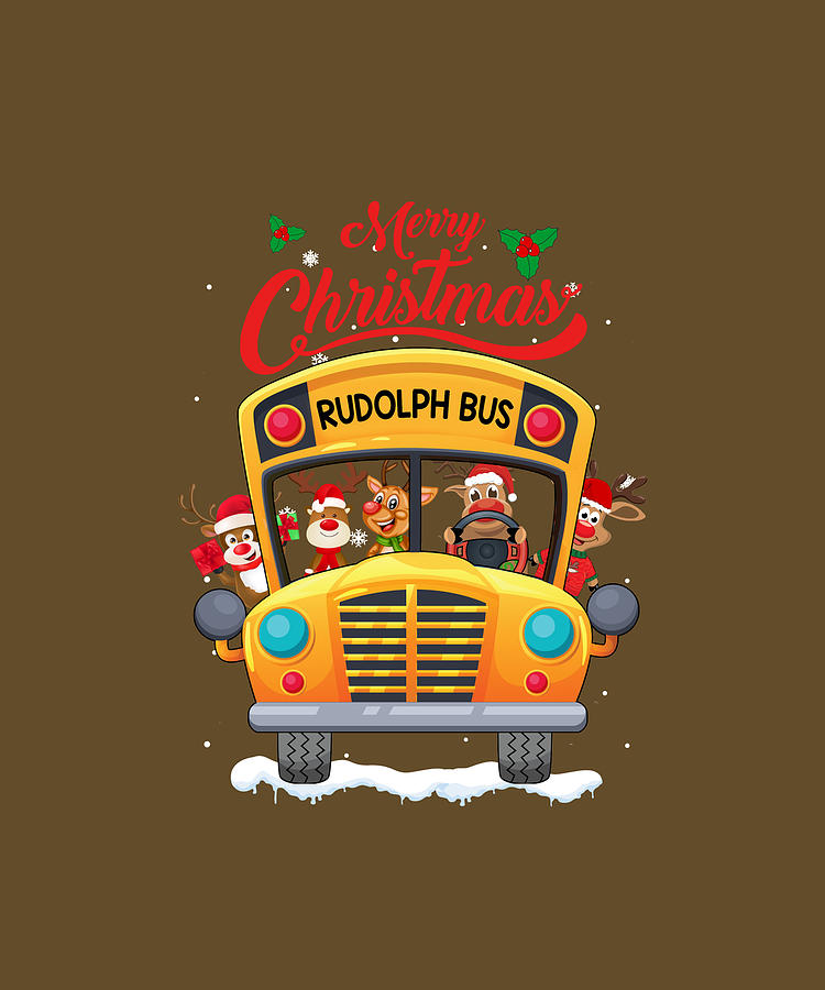 Festive yellow school bus labeled "RUDOLPH BUS" with cartoon reindeer in Santa hats, snowflakes, and "Merry Christmas" text above.