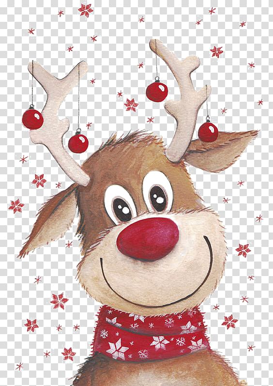 Cheerful cartoon reindeer with red nose, antlers holding ornaments, wearing snowflake scarf amid festive stars.