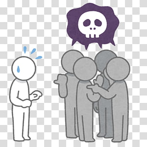 A nervous white figure sweats while observing a group of gray figures whispering under a purple skull cloud, symbolizing gossip or danger.