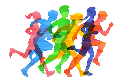 Colorful silhouettes of diverse runners in motion, symbolizing unity, fitness, and inclusivity.