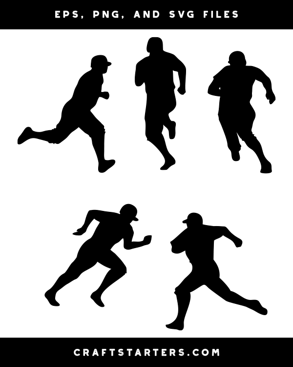 Five black silhouettes of athletes running in dynamic poses, shown in EPS, PNG, and SVG formats.