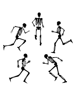Five black skeleton silhouettes running in a circular formation on white background.