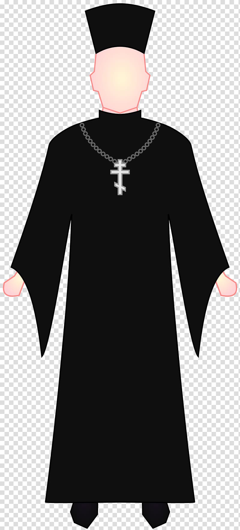 Orthodox priest in black cassock and kamilavka with silver Orthodox cross necklace.