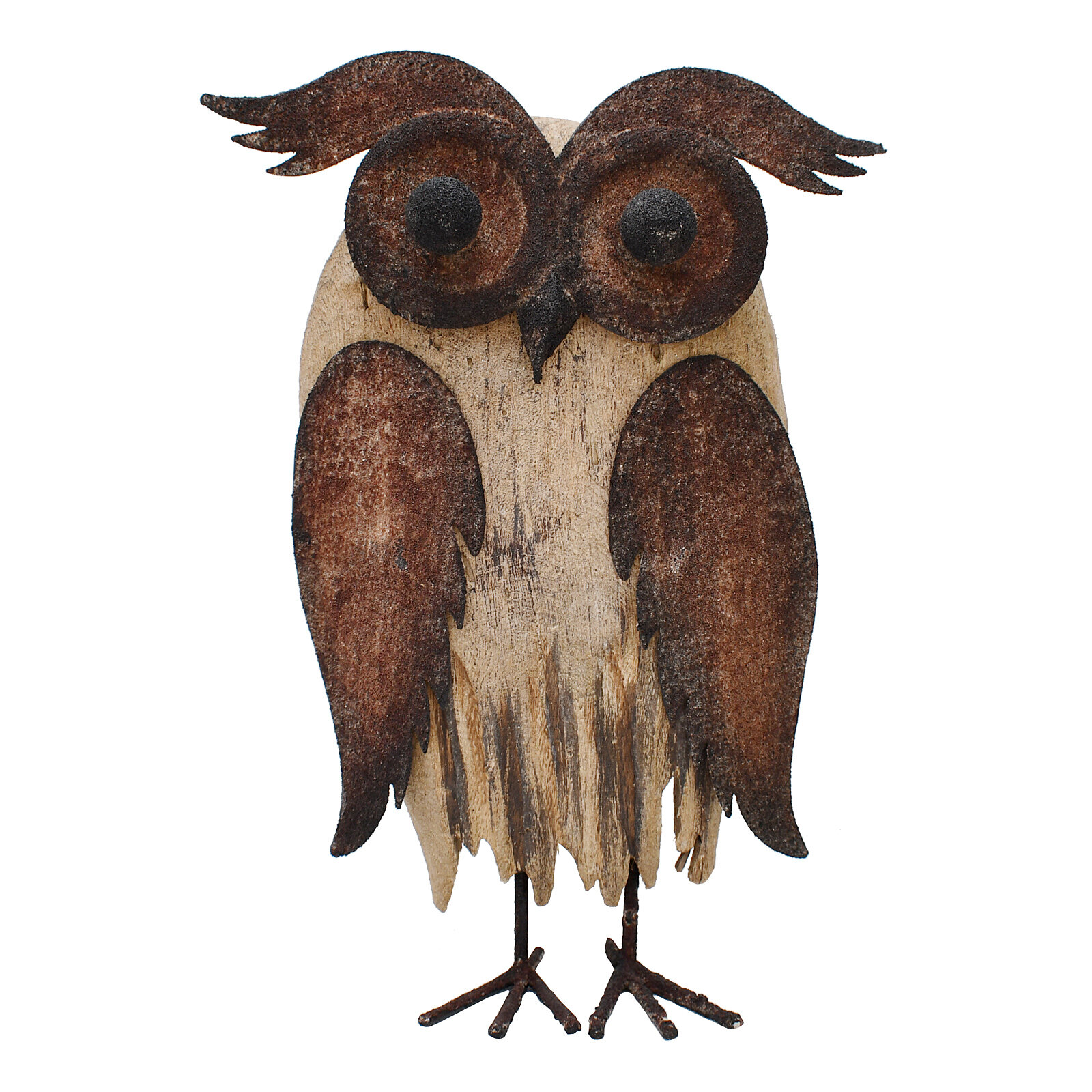 Rustic metal-and-wood owl sculpture with large eyes, feathered wings, and clawed feet, styled for home decor.