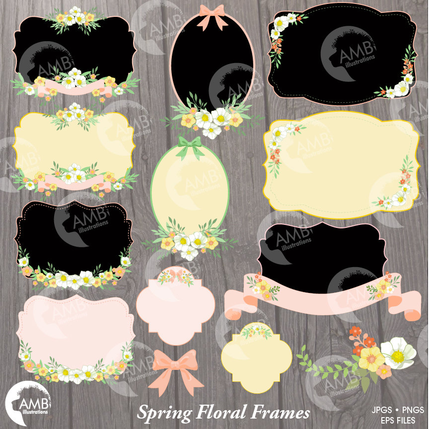 Spring floral frames collection with black, cream, and pink designs adorned with white, yellow, and orange flowers on rustic wood background.