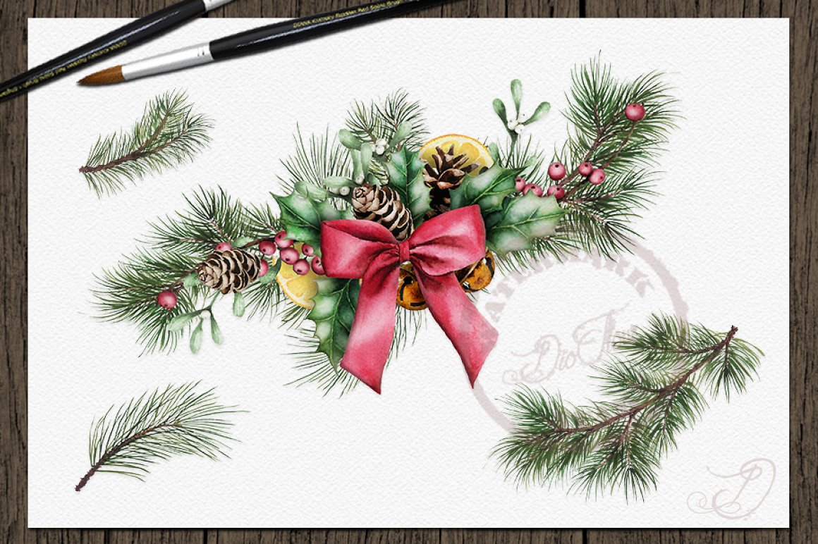 Watercolor Christmas wreath with pine, holly, berries, pinecones, orange slices, mistletoe, and a red ribbon bow on textured paper with paintbrushes.