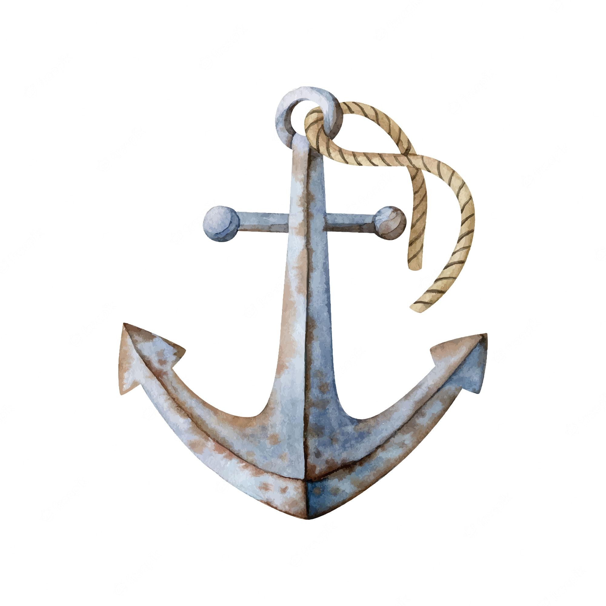 Rustic watercolor anchor with rope loop, weathered metal texture on white background.