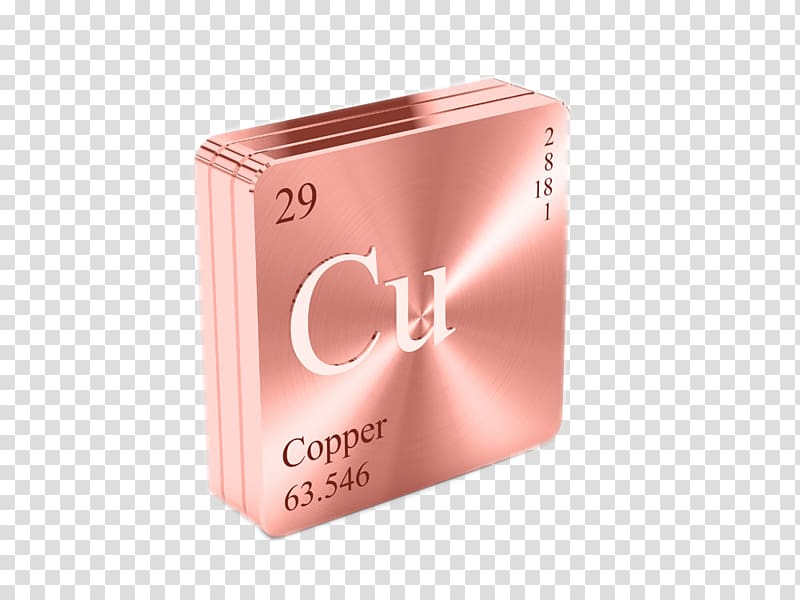 Shiny copper-colored periodic table tile for element Cu (Copper), atomic number 29, atomic mass 63.546, electron configuration 2-8-18-1.