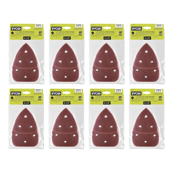 Eight packs of Ryobi 9-inch triangular sanding sheets, 5-1/2 grit, in clear packaging with yellow labels.