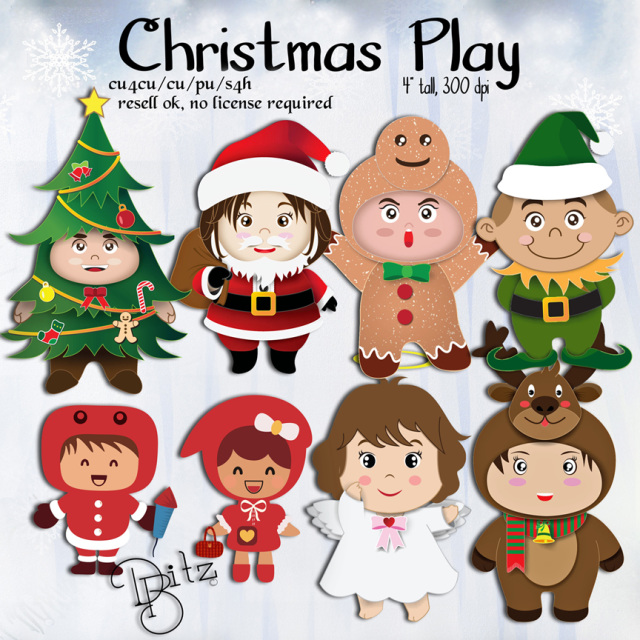 Cute cartoon Christmas characters including Santa, elf, gingerbread man, angel, reindeer, and tree-costumed kids; 4" tall, 300 dpi clipart.