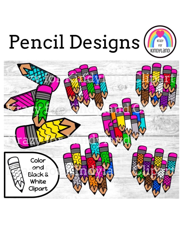 Colorful and black-and-white pencil clipart designs for educational resources, featuring patterned pencils in clusters.