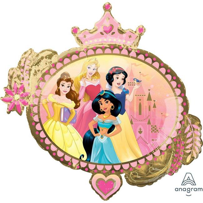 Disney Princesses Belle, Aurora, Snow White, and Jasmine in ornate pink and gold frame with crown and castle backdrop.