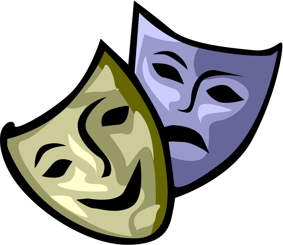 Classic theater masks representing comedy (smiling, beige) and tragedy (frowning, purple), symbolizing dramatic arts.