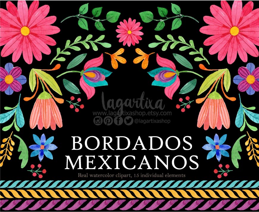 Vibrant watercolor Mexican floral border clipart with pink, blue, and orange flowers on black background.