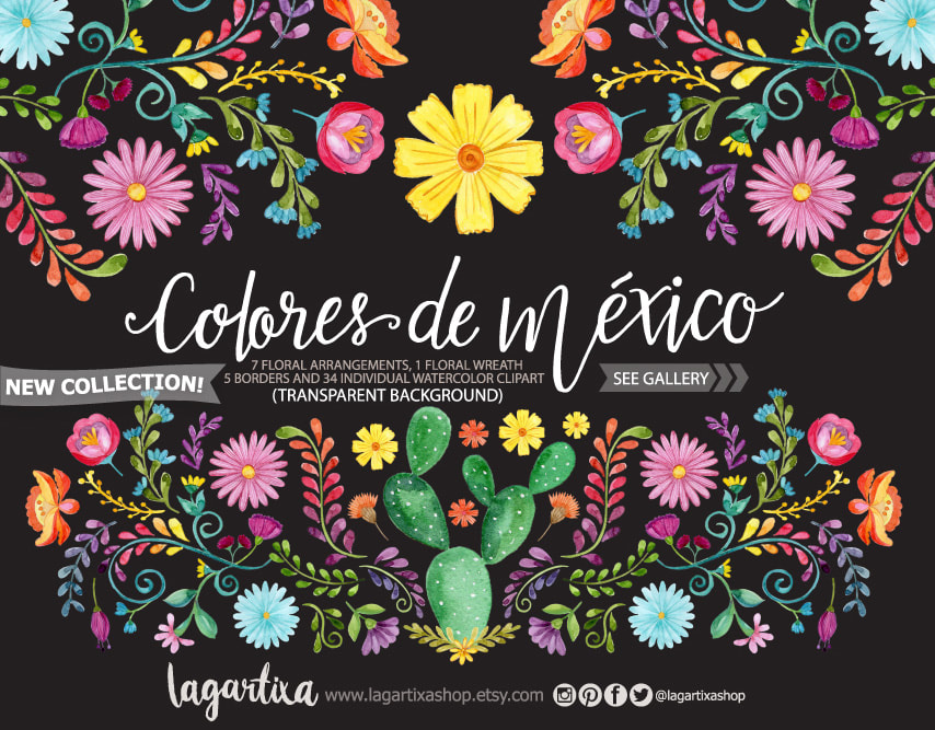 Vibrant Mexican floral watercolor collection with cactus, daisies, and ornate borders on black background by LaGartixa.