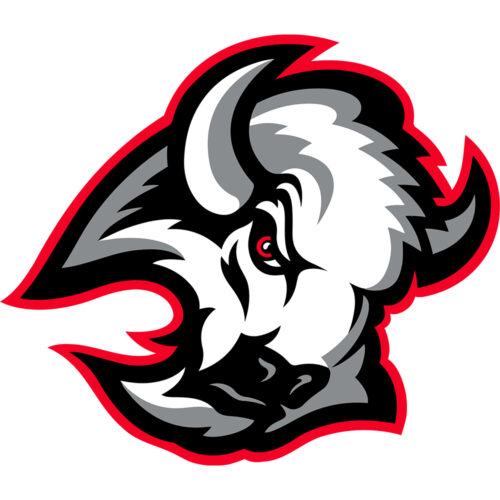 Stylized bison head logo with red outline, gray and white fur, and fierce red eye.