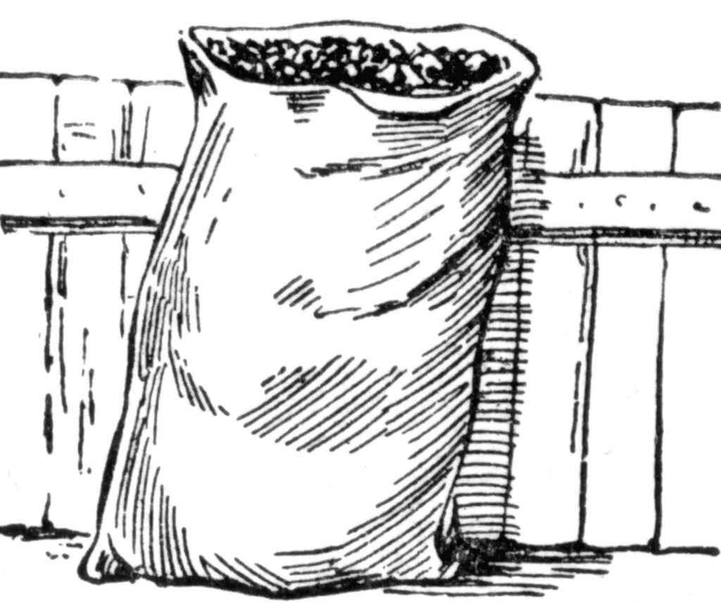 A hand-drawn sack filled with grain or seeds, leaning against a wooden fence.