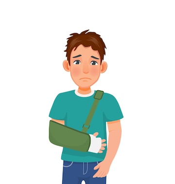 Young man with a green arm sling and cast, looking concerned after an injury.