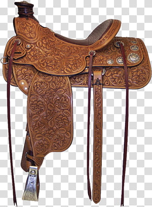Hand-tooled Western leather saddle with floral patterns, silver conchos, and stirrups on transparent background.