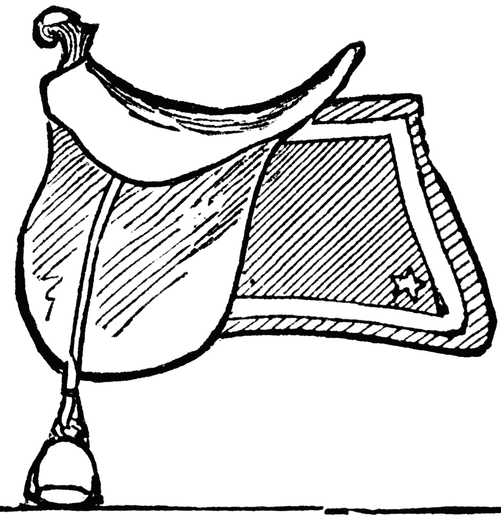 Vintage line drawing of a Western saddle with stirrup, decorative star motif, and shaded leather details.
