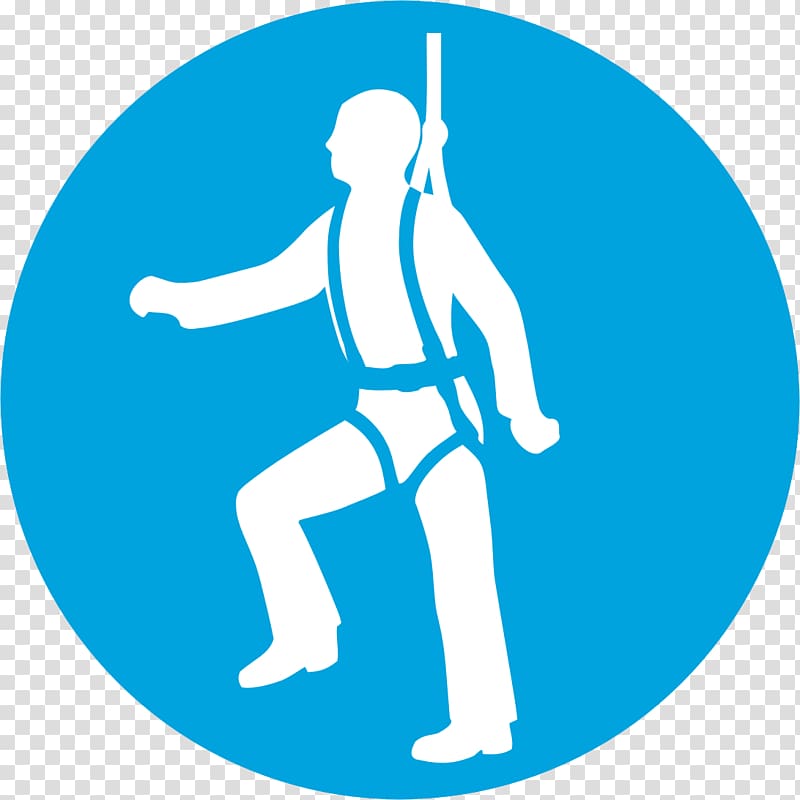 Person wearing a safety harness suspended by a rope, depicted in white silhouette on blue circular background.