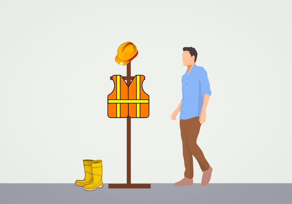 A man in casual clothes walks past a coat rack holding a hard hat, high-visibility vest, and yellow boots-symbolizing workplace safety readiness.