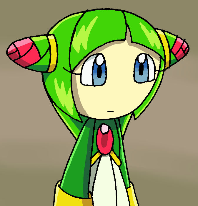 A green-haired anime-style girl with blue eyes, wearing a green and yellow outfit with red accents and a gem on her chest.
