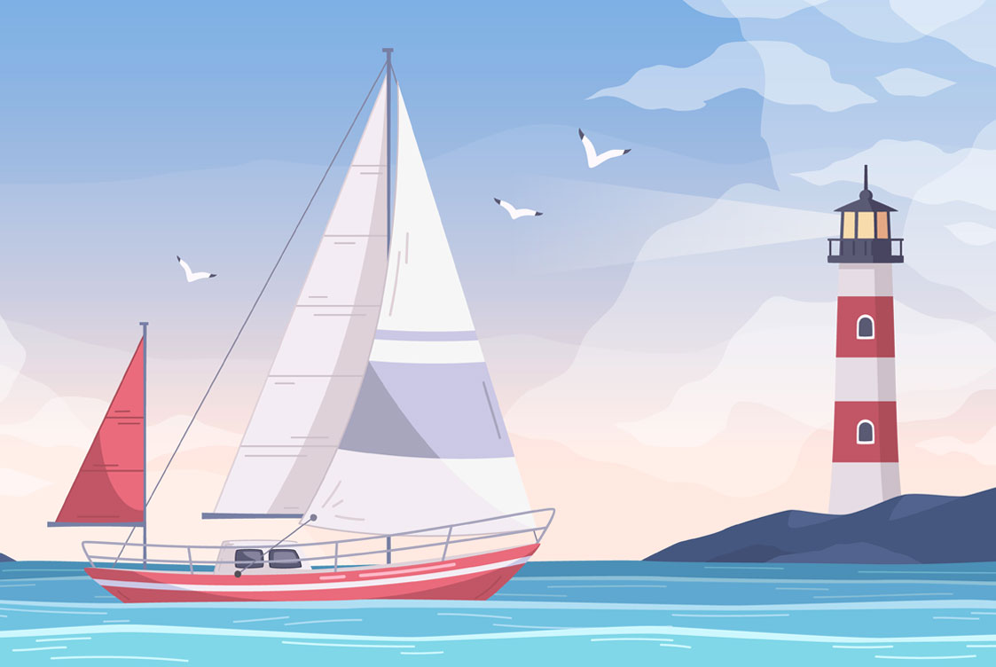 A red sailboat with white sails glides past a red-and-white striped lighthouse under a soft sky with flying seagulls.