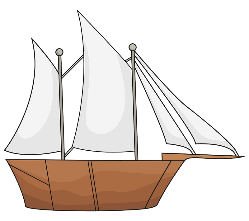 Classic wooden sailing ship with three white sails against a teal background, stylized illustration.