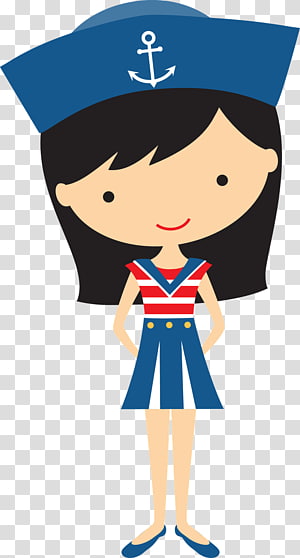Cartoon girl in navy sailor outfit with anchor hat and striped top.