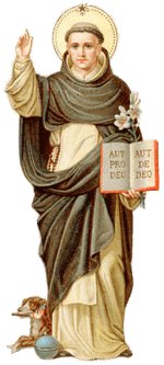 Saint Dominic de Guzmán holding a book with "Aut Prode Deo" and blessing, accompanied by a dog and a globe.