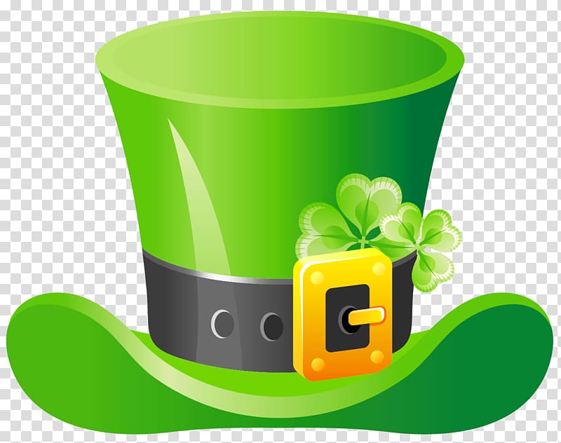 Bright green leprechaun hat with black band, gold buckle, and shamrocks on transparent background.