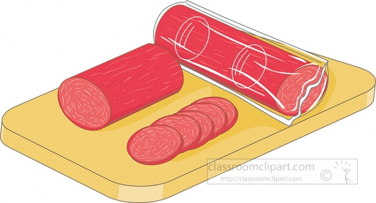 Sliced salami on a wooden cutting board with whole logs and packaging shown.